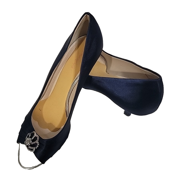 Erijunor Navy Blue Satin Peep-Toe Heels With Rhinestones Size 11B0 - Picture 10 of 14